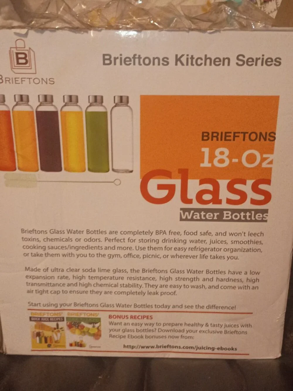 Brieftons 18oz Glass Water Bottles Set of 5 NWT